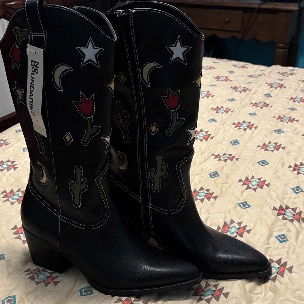No Boundaries Black Heeled Boots with Colorful Designs